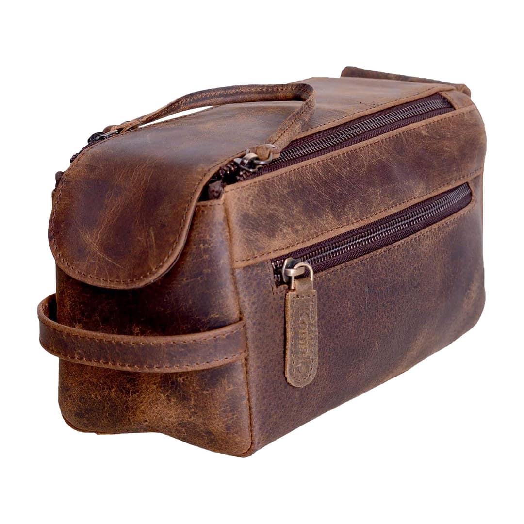 KOMALC Premium Buffalo Leather Unisex Toiletry Bag Travel Dopp Kit Distressed Tan