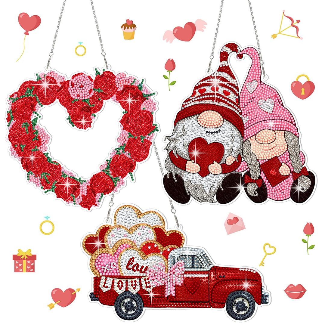 Menkxi 3 Set Valentine's Day Diamond Painting Hanging Sign 5D Truck Heart Wreath Gnomes Diamond Painting Kits DIY Crystal Paint Arts and Crafts Set Diamond Art Window Pendants for Garden Door Love