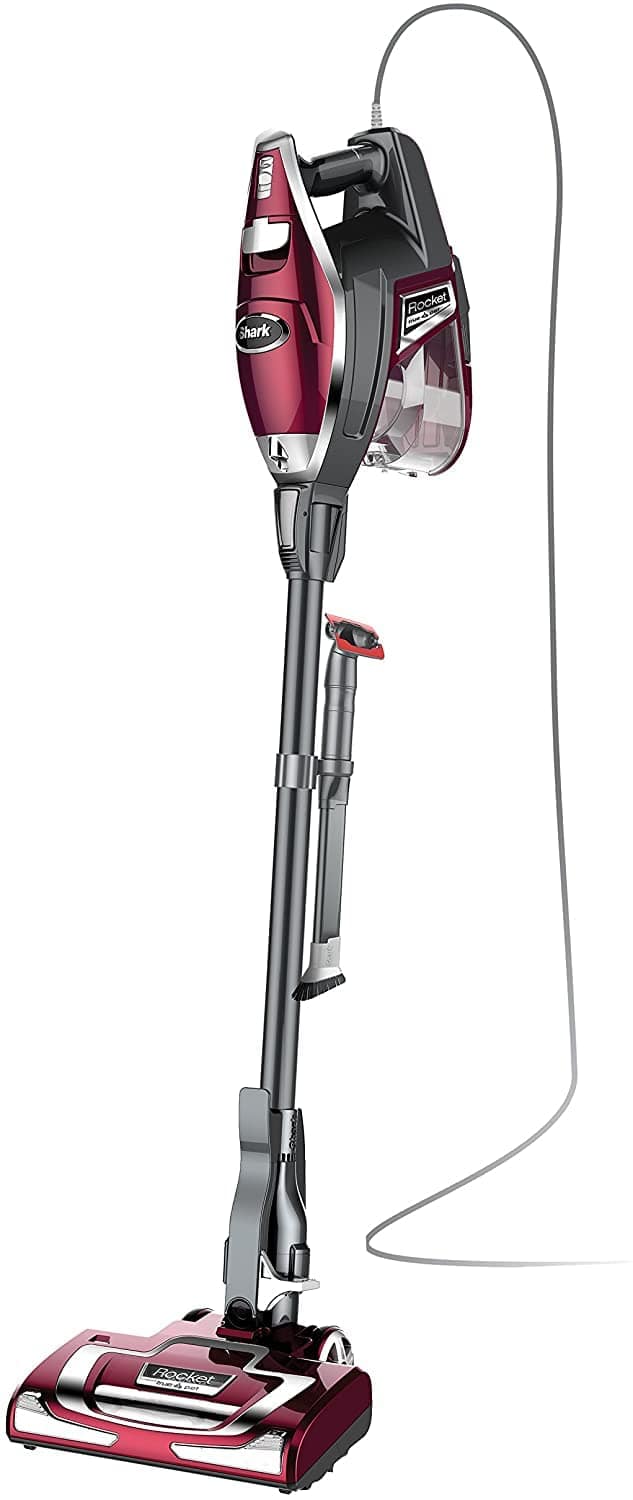 Shark HV322 Rocket Deluxe Pro Corded Stick Vacuum with LED Headlights, XL Dust Cup, Lightweight, Perfect for Pet Hair Pickup, Converts to a Hand Vacuum, with Pet Attachments, Bordeaux/Silver